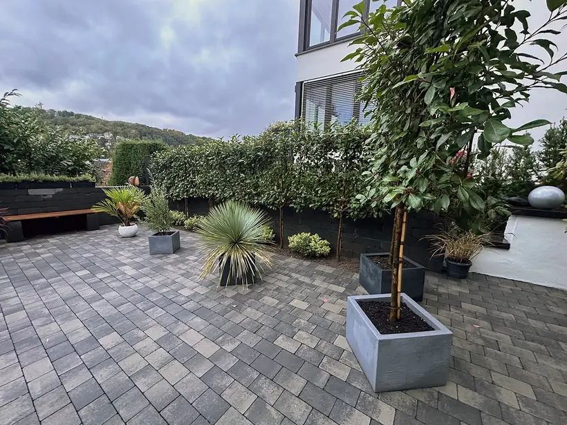 Gepflasterter Hof mit Pflanzkübeln, Hecke und Sitzbank
