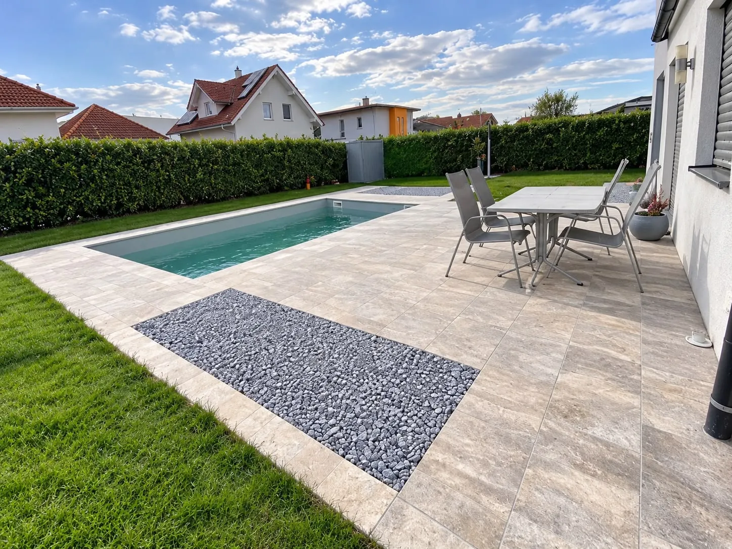 Neu angelegter Garten mit Natursteinterrasse, Pool, Kiesstreifen, Rasen und Hecke